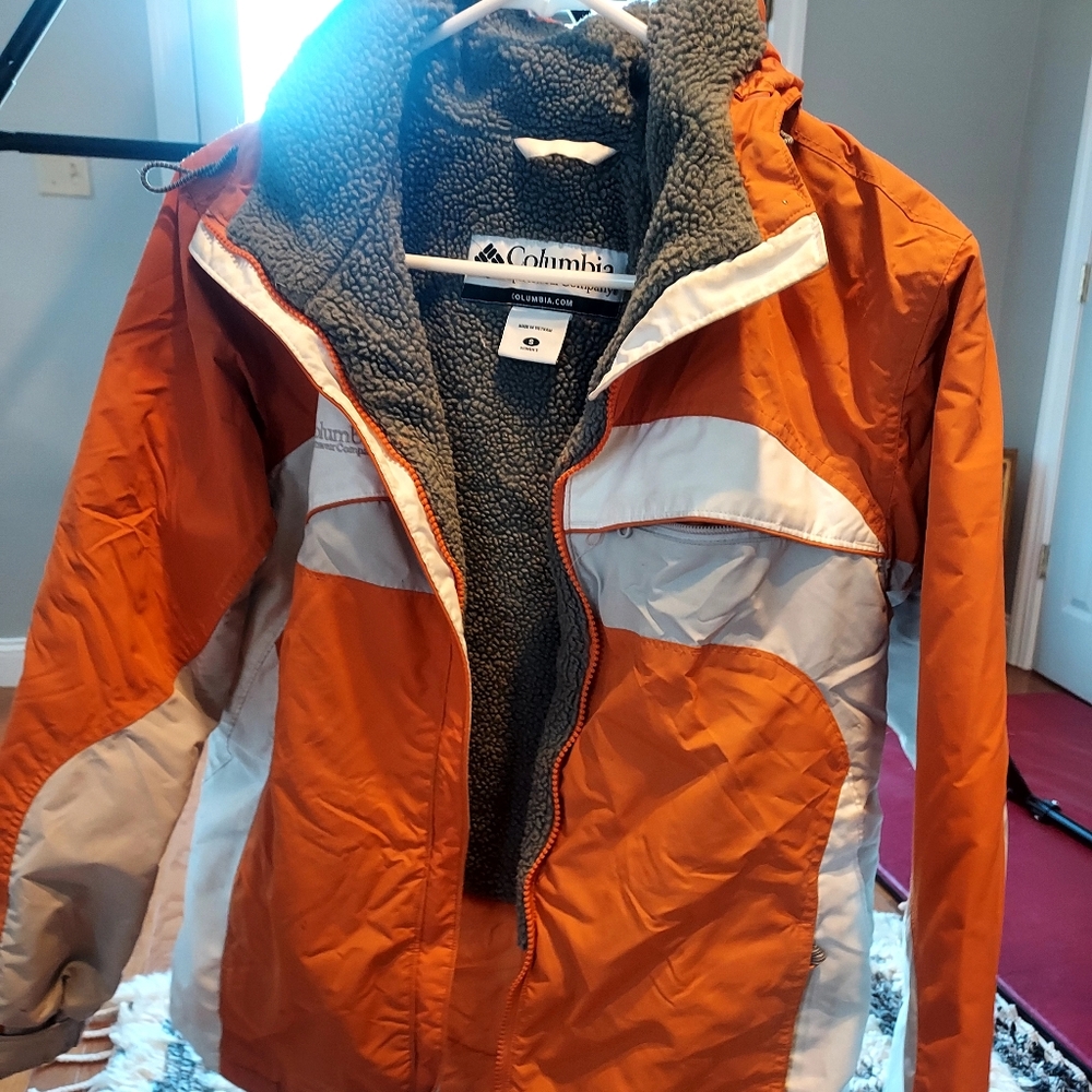 Columbia Orange & White Fleece Lined Hooded Coat size Small